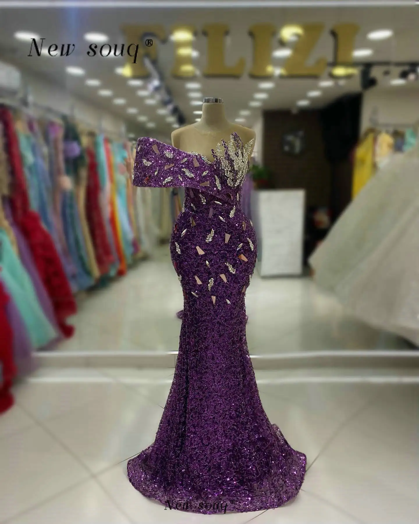 Purple Gillter Sequins Long Mermaid Evening Dresses with Silver Mirror Crystals Formal Occasions Gowns Wedding Guest Party Wear