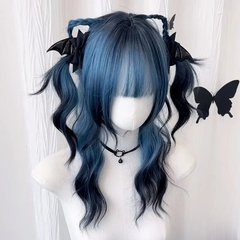 Blue-black Gradient Anime Wigs Cosplay Wig Braid Heat Resistant Synthetic Hair Dip-Dyed Cool Cute Medium-Length Fluffy Curly