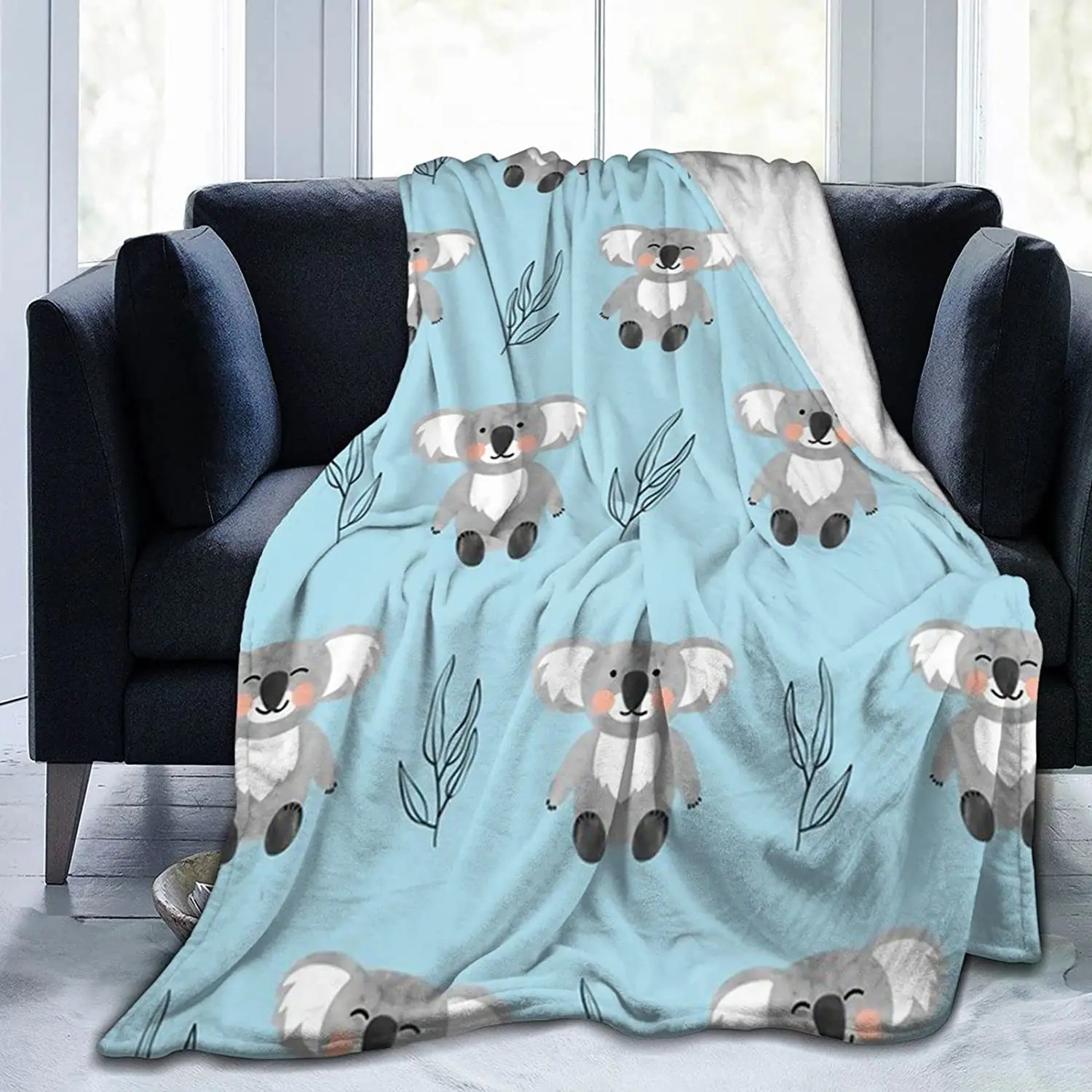 Manta moderna de forro polar de franela, manta con patrón azul de osos Koala de estilo de dibujos animados para sillón reclinable de primavera, manta de aire acondicionado