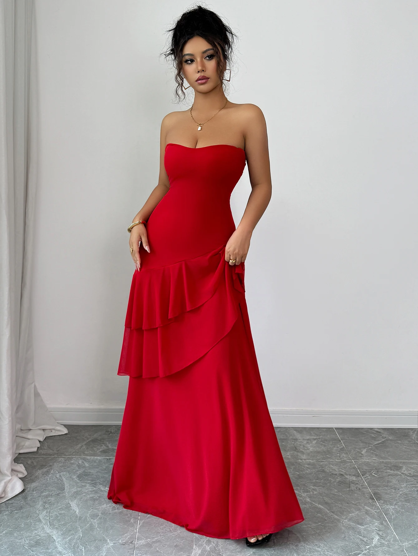 

Red Strapless Asymmetric Ruffle Hem Long Dresses Summer Dress for Women Casual Fall Elegant Evening Gown