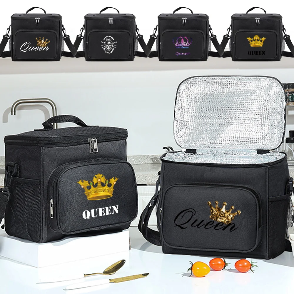 Lunch Bag Front Pocket Lunch Box Unisex Black Color Insulated Food Storage Bag Portable Thermal Cooler Printing Queen Series