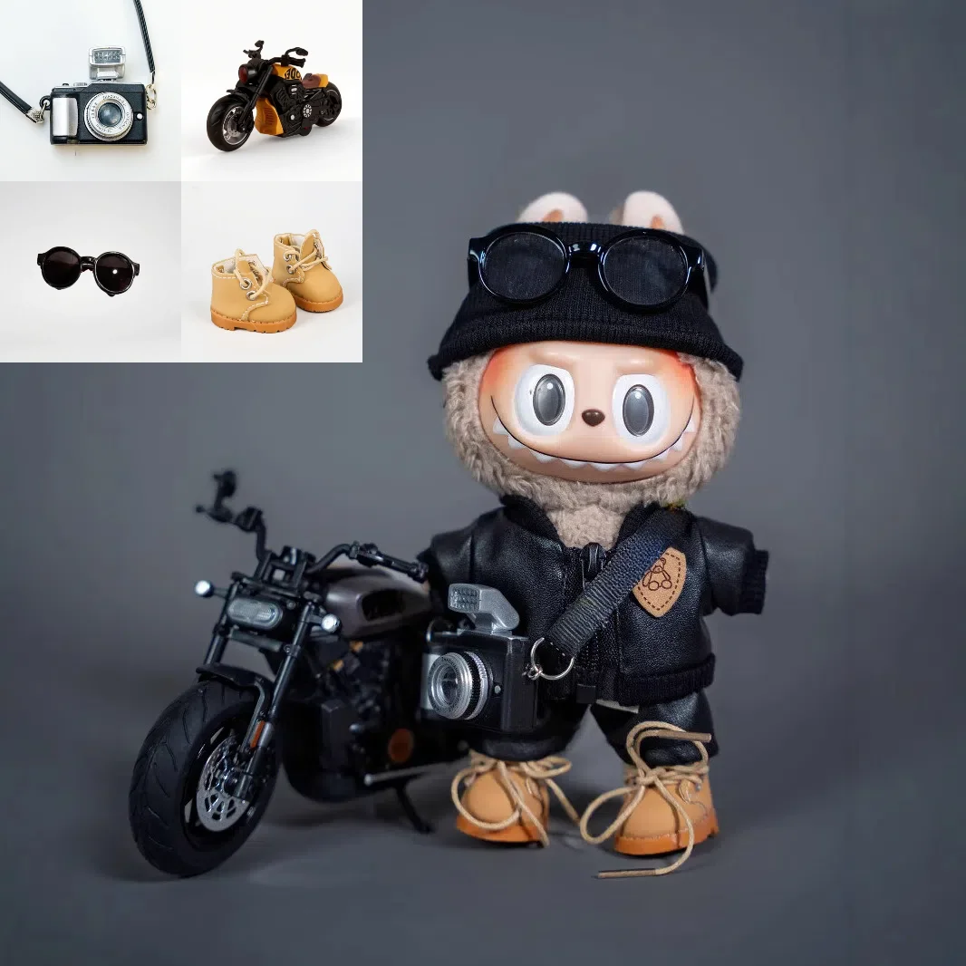 

For 17cm Labubu Doll Black Leather Jacket & Inertia Bike Set