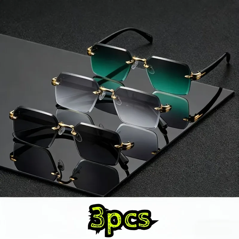 1/3pcs Men's Rimless Polarized Sunglasses, Gold Gradient Gre