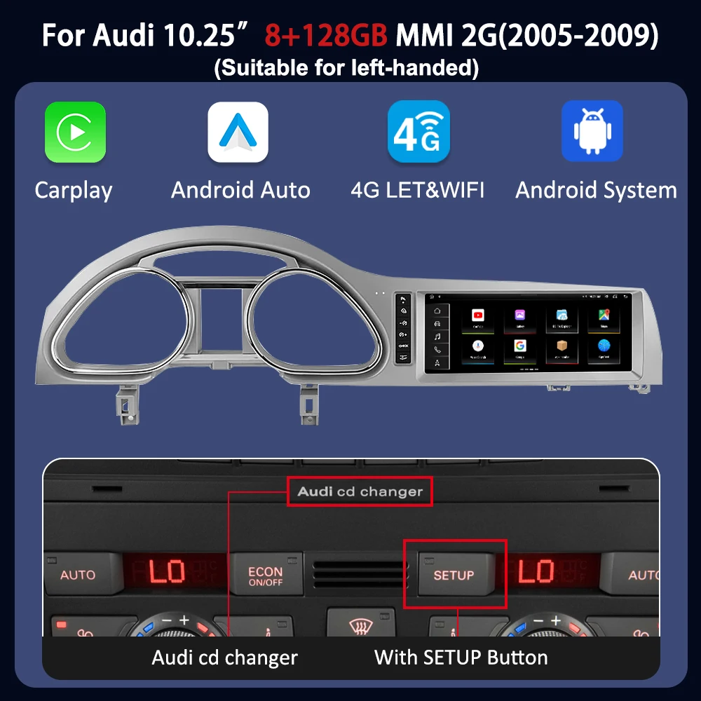 10.25“ Android 14 Draadloze CarPlay Andorid Auto Autoradio Multimedia Voor Audi Q7 4L 2005-2015 MMI 2G 3G GPS 4G WIFI Navigatie