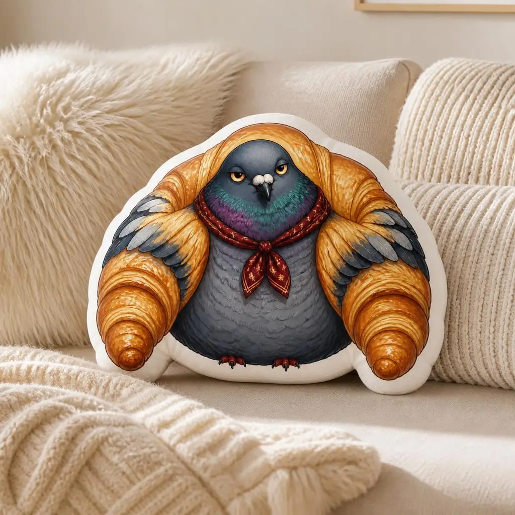 Croissant Pigeon Shaped Throw Pillow Funny Bird Cushion Stuffed Decorative Pillow for Kitchen Sofa Home Decor Gift Food Humor