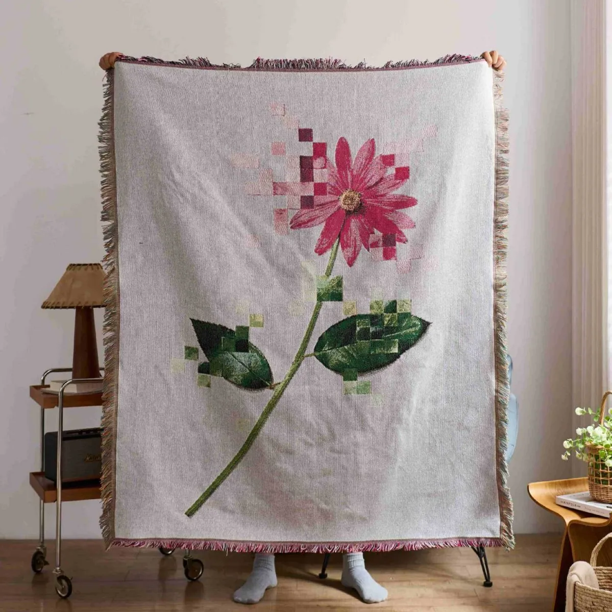 

Textile City Pixel Floral Fringed Throw Blanket Artistic Decor Flower Tapestry Blanket Perfect for Bohemian Cozy Home Aesthetic