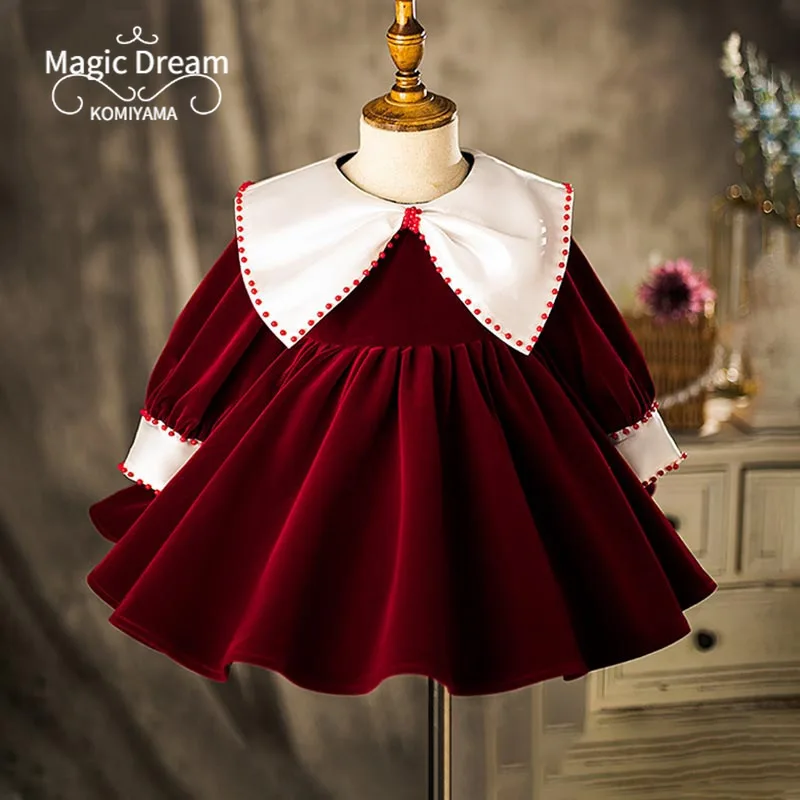 Customized Lapel Doll Collar Long Sleeve Elegant Kids Birthday Party Dresses Pleated Christmas Princess Vestidos Flower Girls Ro