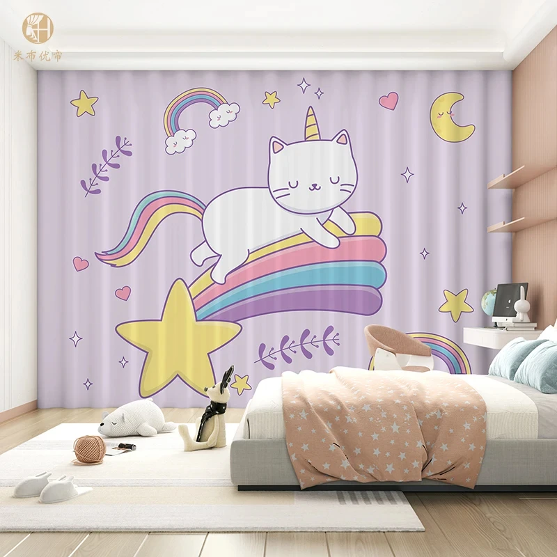 New High Blackout Curtain Children's Room Shading Curtain Cartoon Cute Cat Girl Room Bedroom Study Decoration Blackout 2Pieces