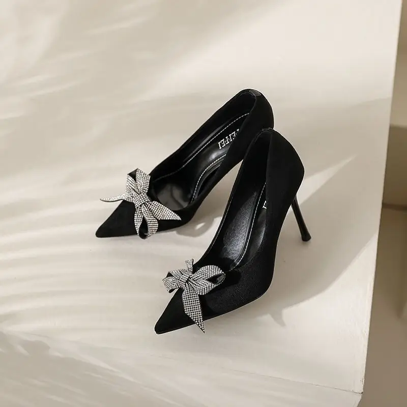 Letnie obuwie damskie Stilito High Heels Shoes for Women 2024 Office Black Pointed Toe Pumps with Bow on Heeled Trend Promotion