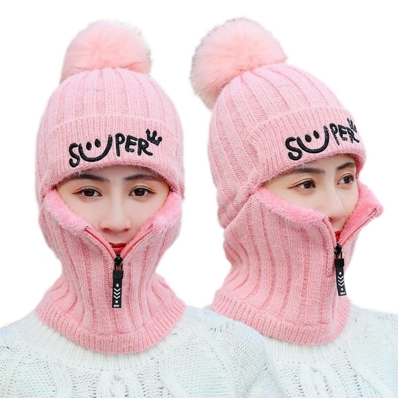 النساء الشتاء قبعة صغيرة محبوكة بالاكلافا قبعة رسائل التطريز فو صوف مبطن سستة قناع الوجه الرقبة أدفأ في الهواء الطلق التزلج