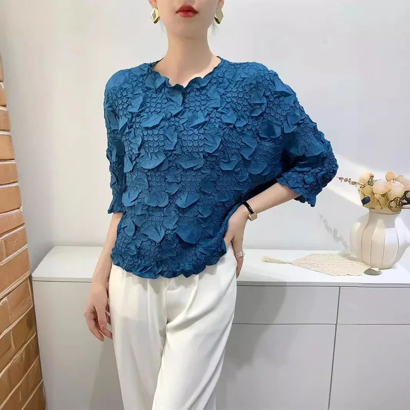 Miyake Pleated Tops for Women 2024 Summer Fashion Loose Large Size Embroidered Hand-pleated Pullover Bat Sleeve T-shirt Women