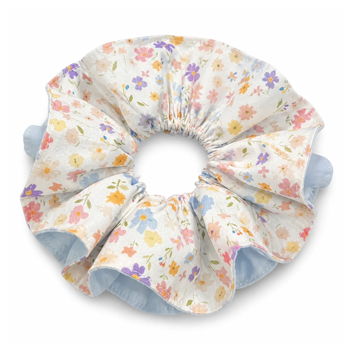 Warm White Pastel Multicolor Floral Blue Reverse Double-Layer Hair Scrunchie