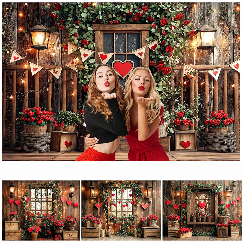 

LS Valentine's Day Windows Photography Backdrops Rose Bear Love Decor Children Cake Smash Photocall Background Photo Studio