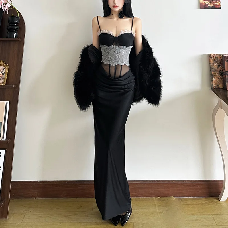 Sexy Women Black White Lace Patchwork Long Dress Slash Neck Sheer Mesh Waist Strap Slip Dress Sleeveless Bodycon Party Dress