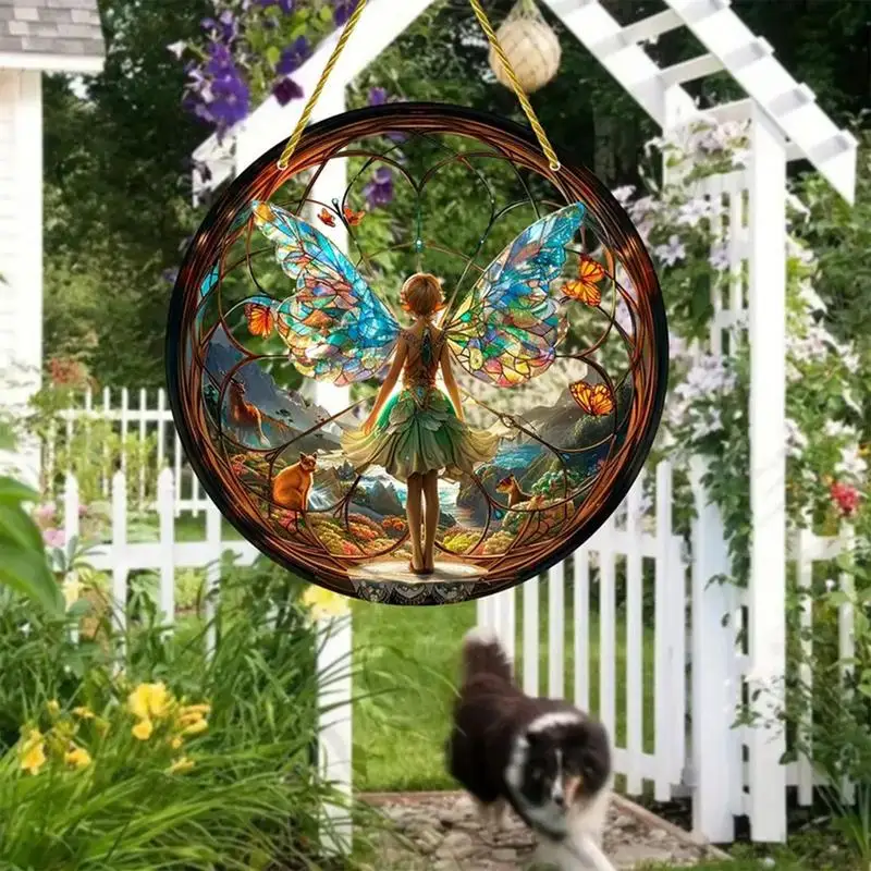 

Fairy Stained Sun Catcher Round Stained Acrylic Window Pendant Vintage Stained Fairy Pendant Colorful Butterfly Window Pendant