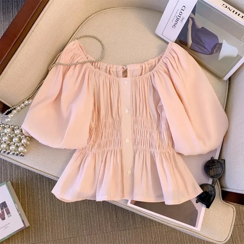 Women's Blush Pink Off Shoulder Puff Sleeve Blouse with Smocked Waist Button Front Peplum Top