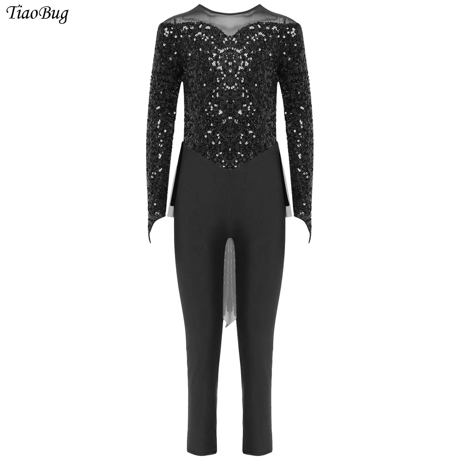 

Girls Shiny Sequins Gymnastics Dance Jumpsuit Long Sleeve Ankle Length Ballet Leotard Figure Skating Skirted Bodysuit Unitards