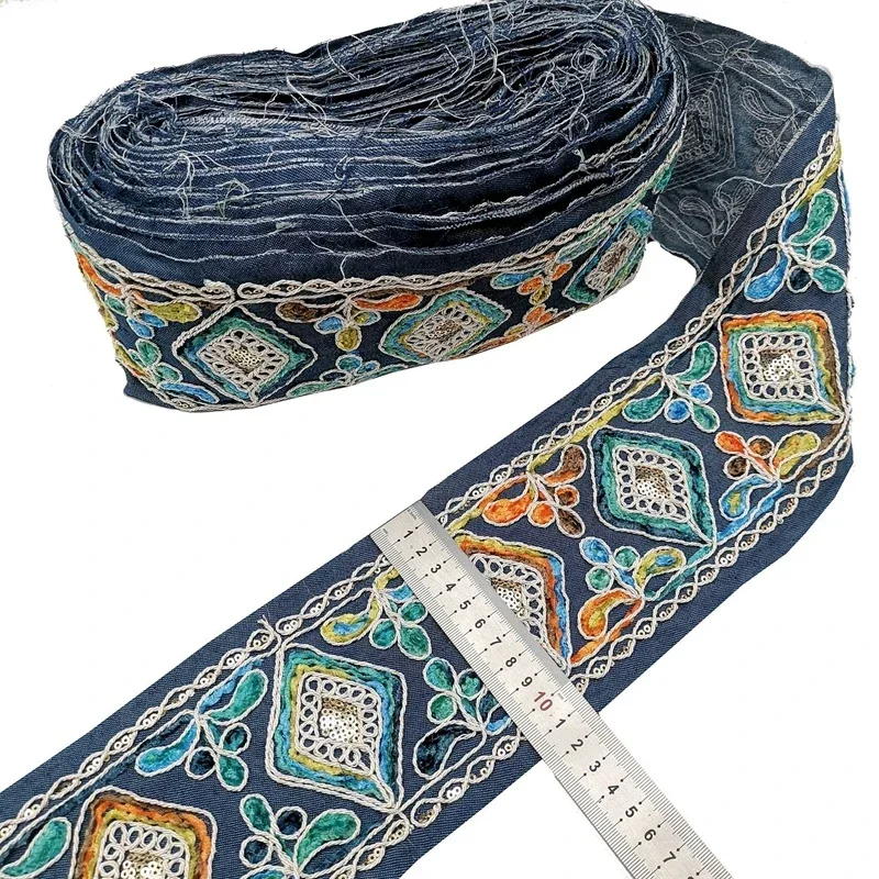 1 Yards Embroidery Denim Fabric Sequins Lace  Sewing Trim Ribbon Craft Wide 12cm