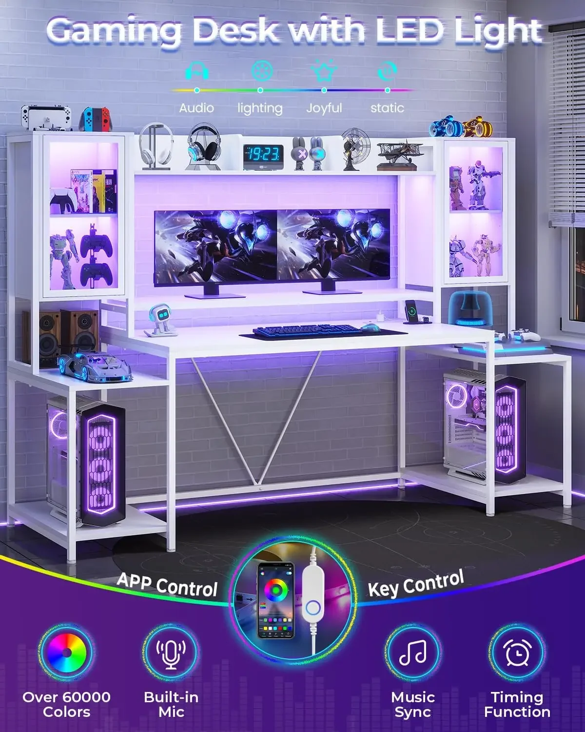 مكتب ألعاب 74.8 بوصة مع أضواء LED، وأرفف تخزين، ومكتب كمبيوتر مع حامل شاشة #4