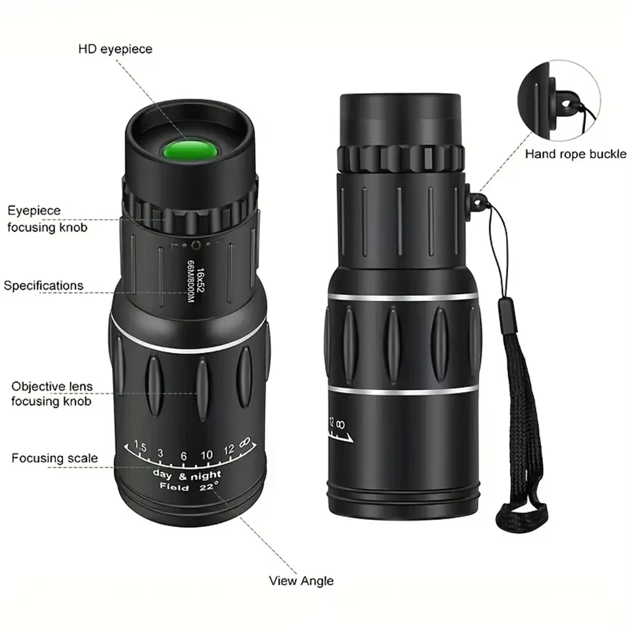 Telescopio monocular HD 16x52 Ipx4 impermeable campo de visión de larga distancia estabilización de imagen para observación de vida silvestre senderismo