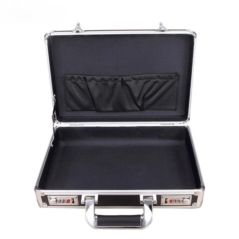 

Locked aluminum alloy suitcase, portable double password toolbox, ID storage box, black empty box.