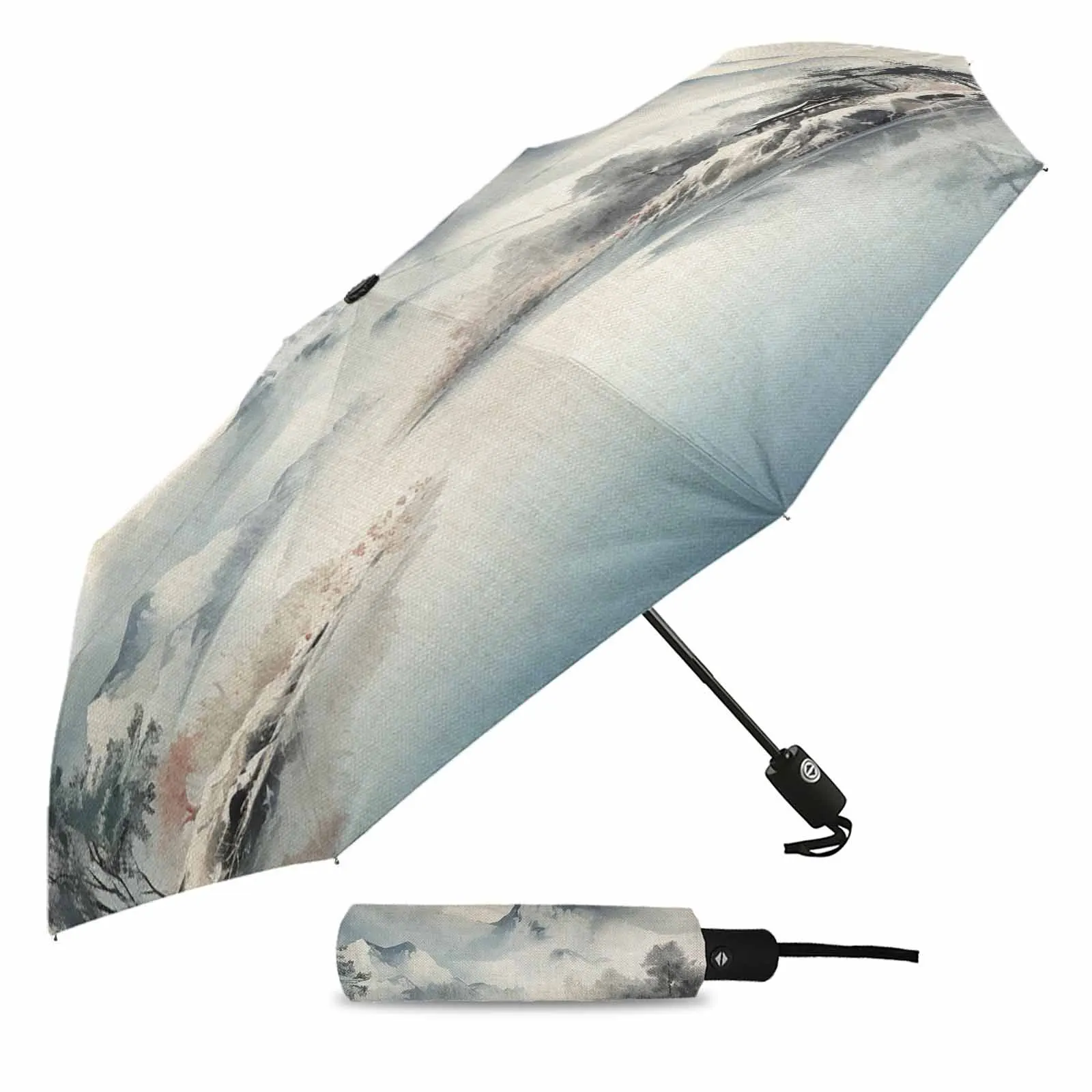 Landscape Mountains Water Trees Watercolors Automatic Umbrella for Rain Foldable Parasol Umbrella Eight strand Outdoor Umbrellas