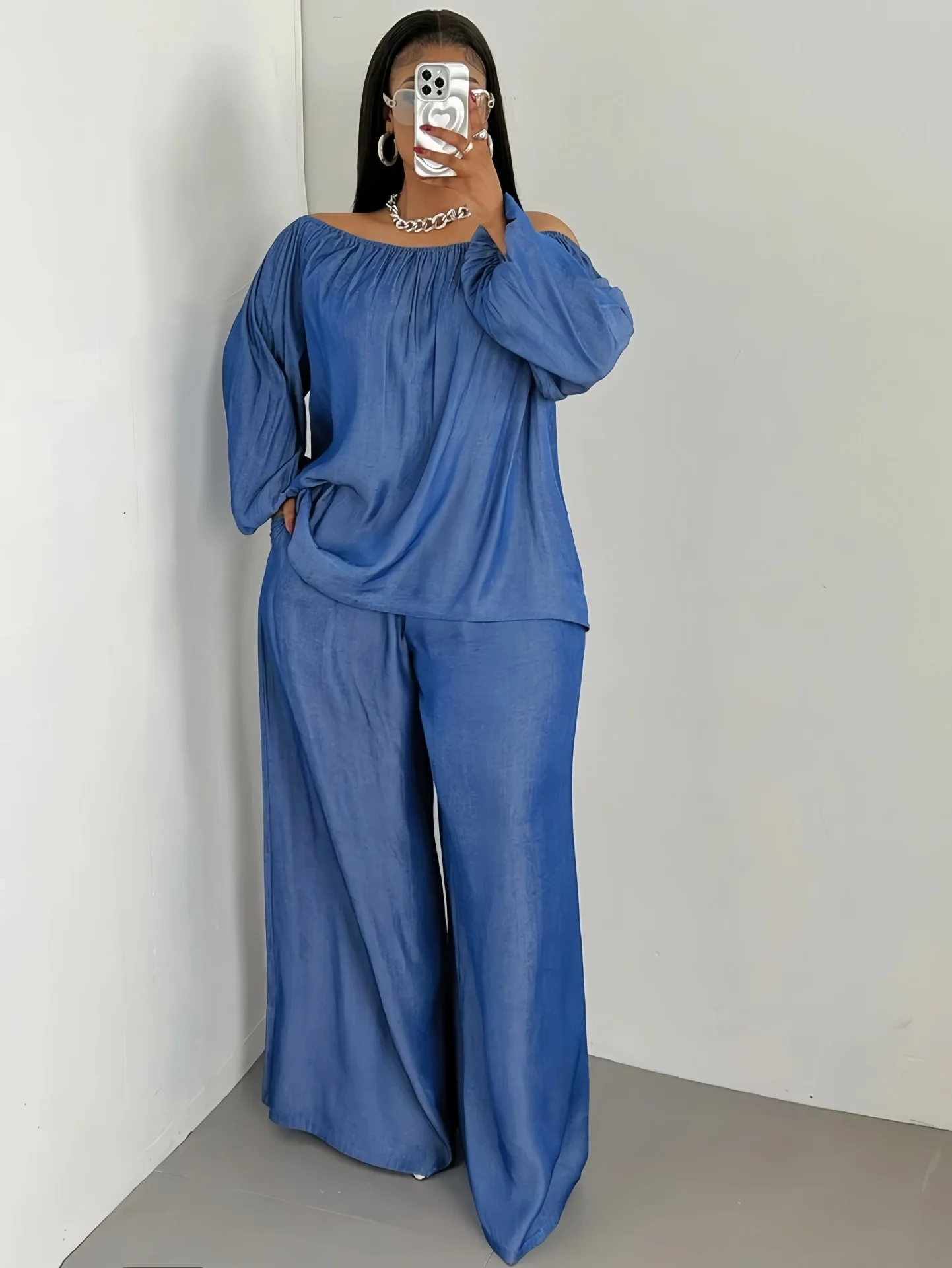 

2025 Plus Size Women Two Pieces Set Loose Long Sleeves T Shirt and Pants Wide Leg Trousers Casual Suit Autumn Clothing