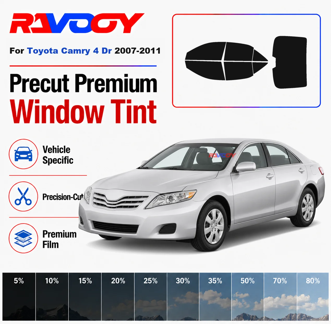 Premium Precut Window Tint Kit Front Rear Windows Rear Windshield For Toyota Camry 4 Dr 2007-2011 Complete Set Nano Ceramic Film
