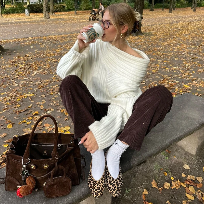 Knit Sweater Pullover For Women Loose Off-Shoulder Ribbed Long Sleeve Fashion Streetwear Knitwear Casual Autumn Sweater