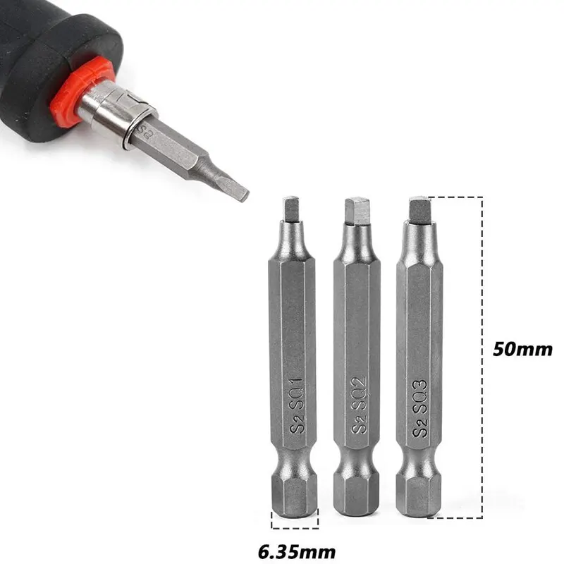 3Pcs 50mm SQ2 Square Head Driver Bit Screwdriver Bits Tool Set S2 Steel Screw Driver Bits For Repair Hand Tool Bit Kit