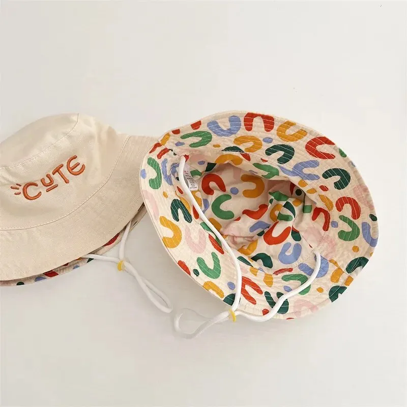 Double Sided Baby Bucket Hat Letter Embroidered Boys Girls Fisherman Cap Spring Summer Outdoor Kids Sun Hat