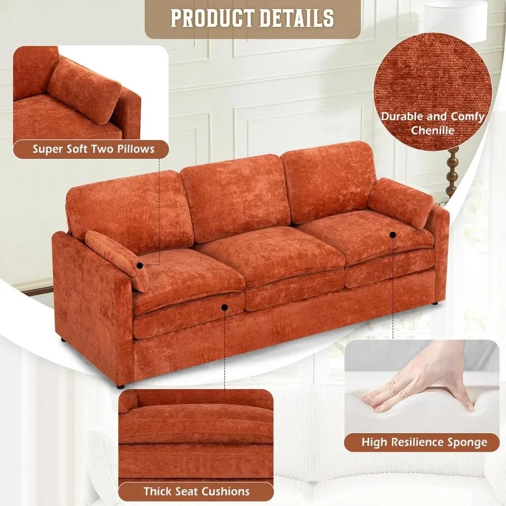 Sofa 3 Dudukan Chenille 89" dengan 2 Bantal, Sofa Berlapis Modern dengan Kursi Lebih Dalam, Sofa Nyaman dengan Bantal Tebal