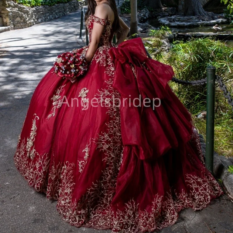 Angelsbride Sprankelende Rode Baljurk Quinceanera Jurken Met Gouden Appliques Avondfeestjurk Vestido De 15 Quinceañera