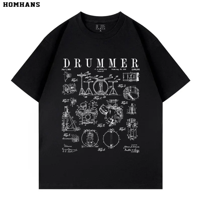 Drum Set Retro Drummer Creative Men's and Women's Clothing Pure Cotton Printed T-shirt New Fashionable Street Style T-shirt