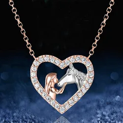 Fashion Women and Horse Necklace Heart Zircon Pendant Engagement Necklaces for Women Animal Jewelry Birthday Anniversary Gift