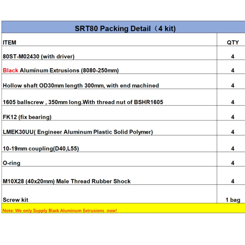 4 kits (4 actuators) for SRT80 sim racing motion rig actuators: motors + black extrusions + mechanical kit + screw kit