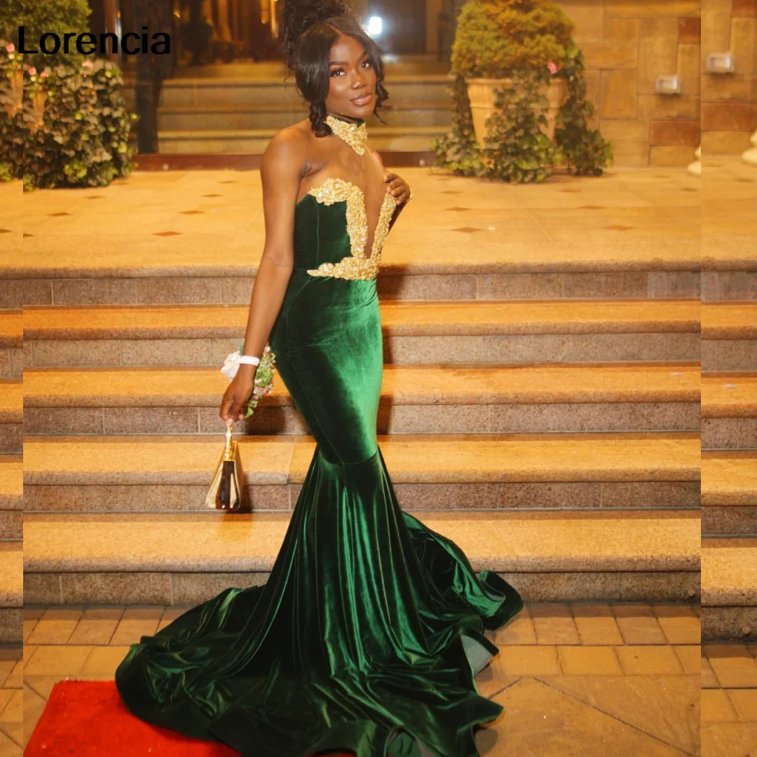 Customized Green Velvet Mermaid Prom Dress For Black Girls 2024 Gold Lace Crystal Beaded Party Gala Gown Robe De Soiree YPD131