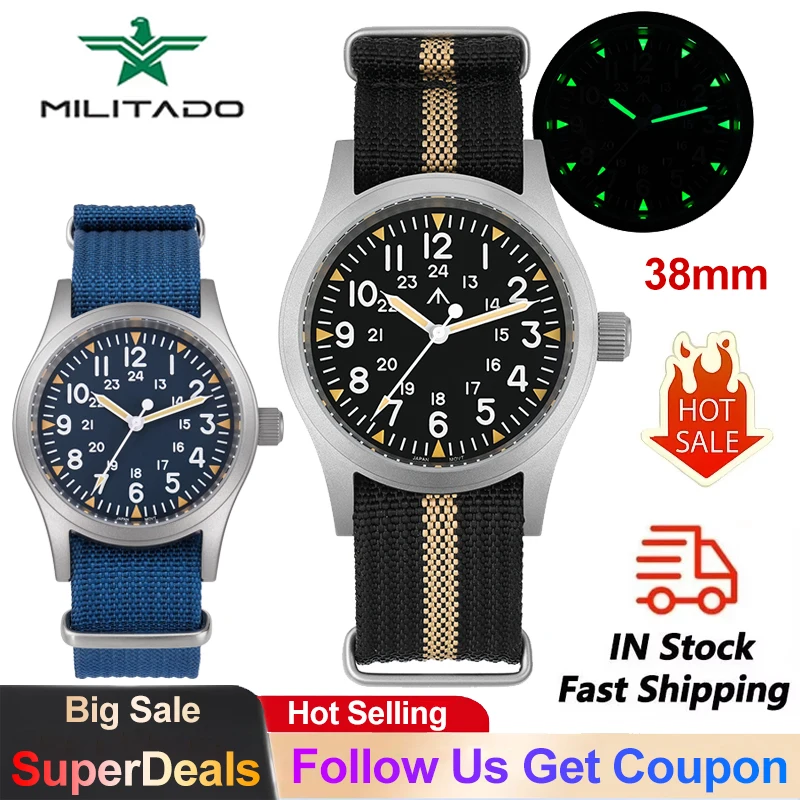 Militado ML05 Vintage Watch Miyota 2035 Quartz Movement Domed Sapphire C3 Green Luminous 100m Waterproof Military Dive Watches