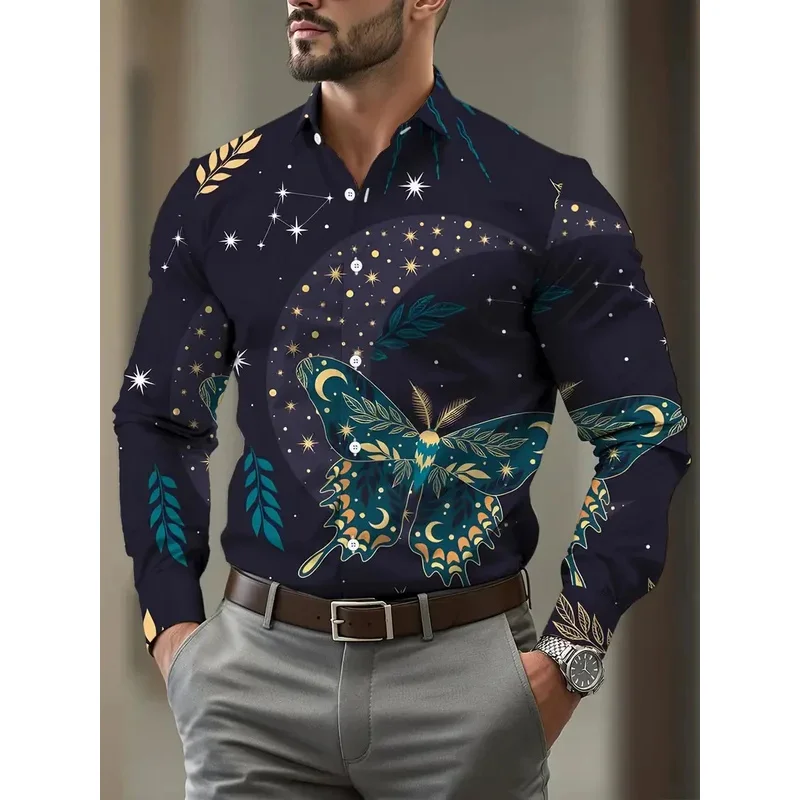 

Новая мужская рубашка с длинным рукавом с принтом листьев граффити, повседневный топ с бабочкой, винтажный стиль, осенний топ с узором