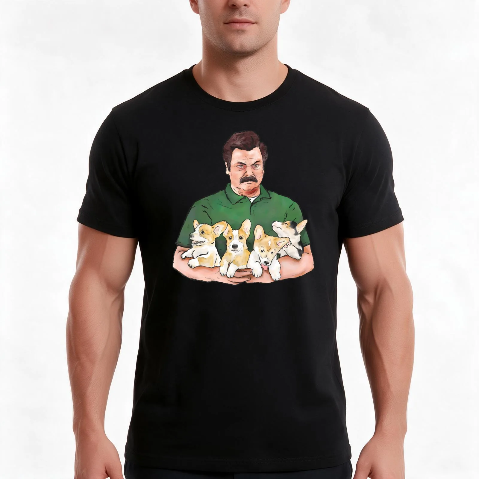 Ron Swanson Holding Corgi Puppies T-Shirt, Summer Casual Cotton Tee, Oversized Streetwear Tops, Vintage Graphic Print