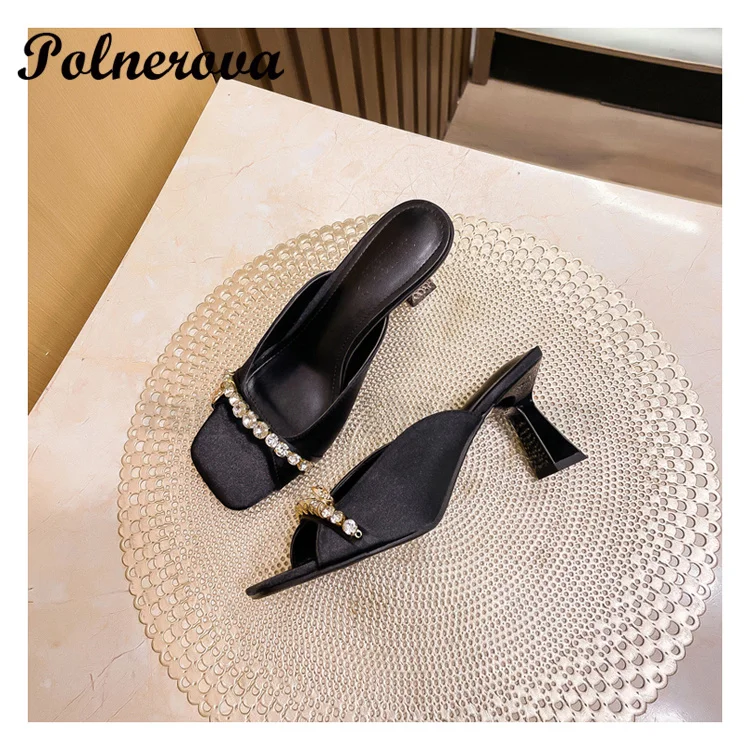 

Black Satin Chunky High Heels Slippers Summer New Rhinestone One-Line Open-Toe Sandals Women's Sexy Chunky Black High Heels