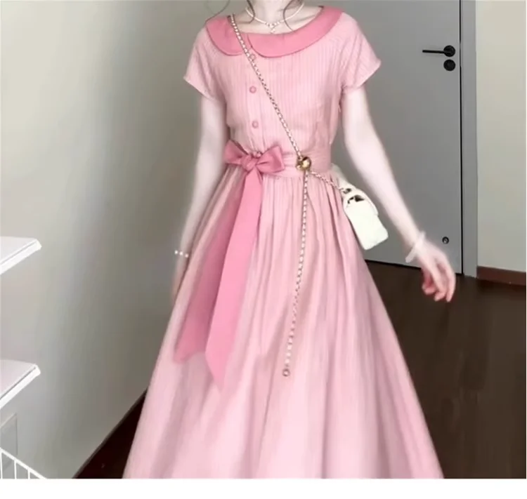 فستان نسائي صيفي مقاس كبير وردي فرنسي حلو بأكمام قصيرة يقلل من العمر بخصر عالٍ على شكل حرف a وأربطة مخططة فساتين طويلة لطيفة
