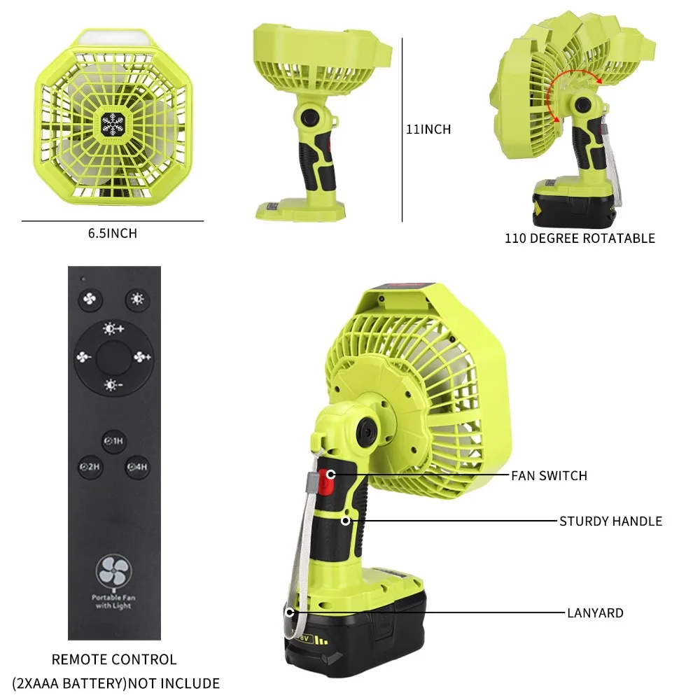 Kipas Baterai Portabel Tanpa Kabel Kipas Berkemah Rumah & Luar Ruangan untuk Baterai RYOBI 18V dengan 3 Kecepatan Hemat Energi & Lampu LED Dapat Diredupkan
