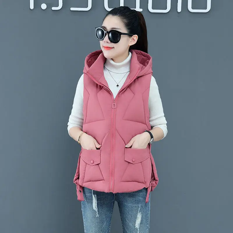 2024 Winter Vrouwen Solide Los Vest Met Capuchon Korte Vest Bovenkleding Katoenen Gewatteerd Vrouwen Warm Vest D33