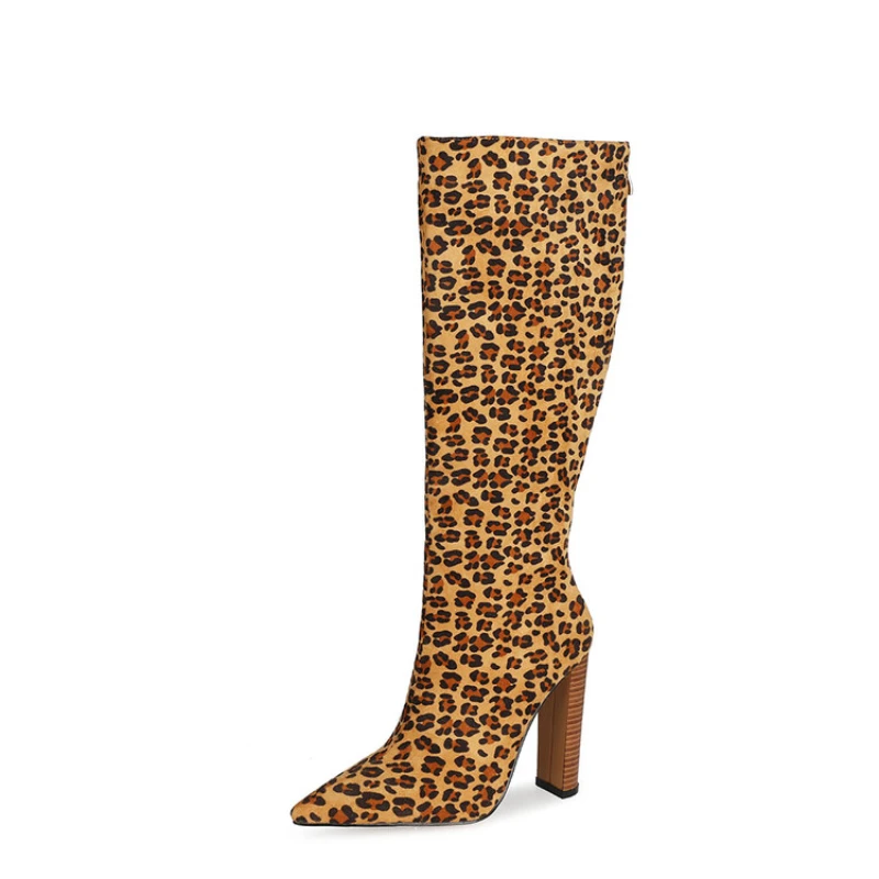 2024 Winter New Fashion Suede Leopard Print Knee Knight Boots for Women Europe and America Sexy High Heels Big Size Shoes 43 45