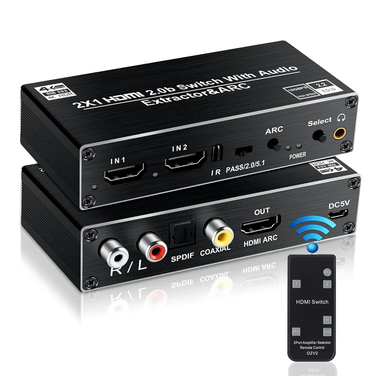 Przełącznik 4K HDMI 2 wejścia 1 wyjście Ekstraktor audio HDMI ARC Przełącznik audio 2x1 Selektor z adapterem R/L+Toslink SPDIF+COAXIAL Audio Out