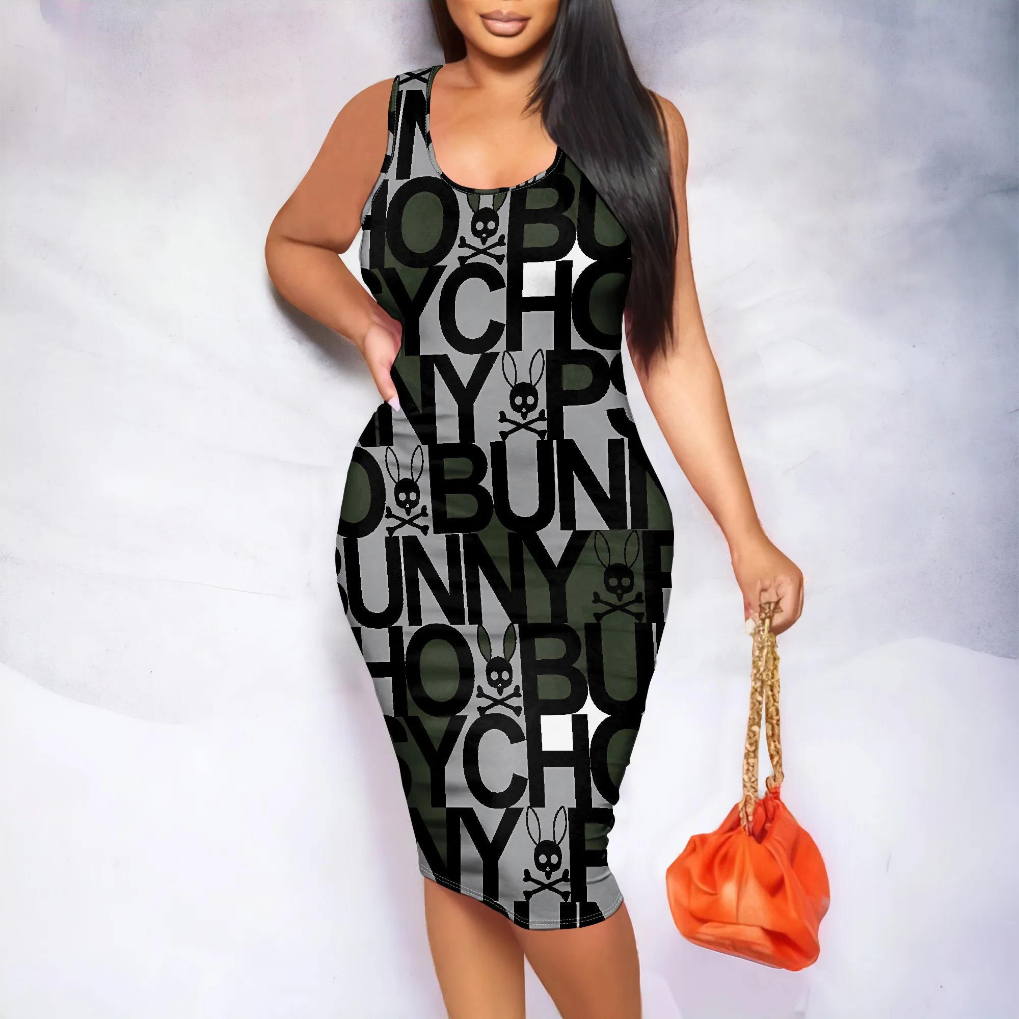 

Psycho Bunny Print, Sleeveless Dress, Round Neck, Wide Straps, Midi Length, Casual Party Wear, XS-2XL