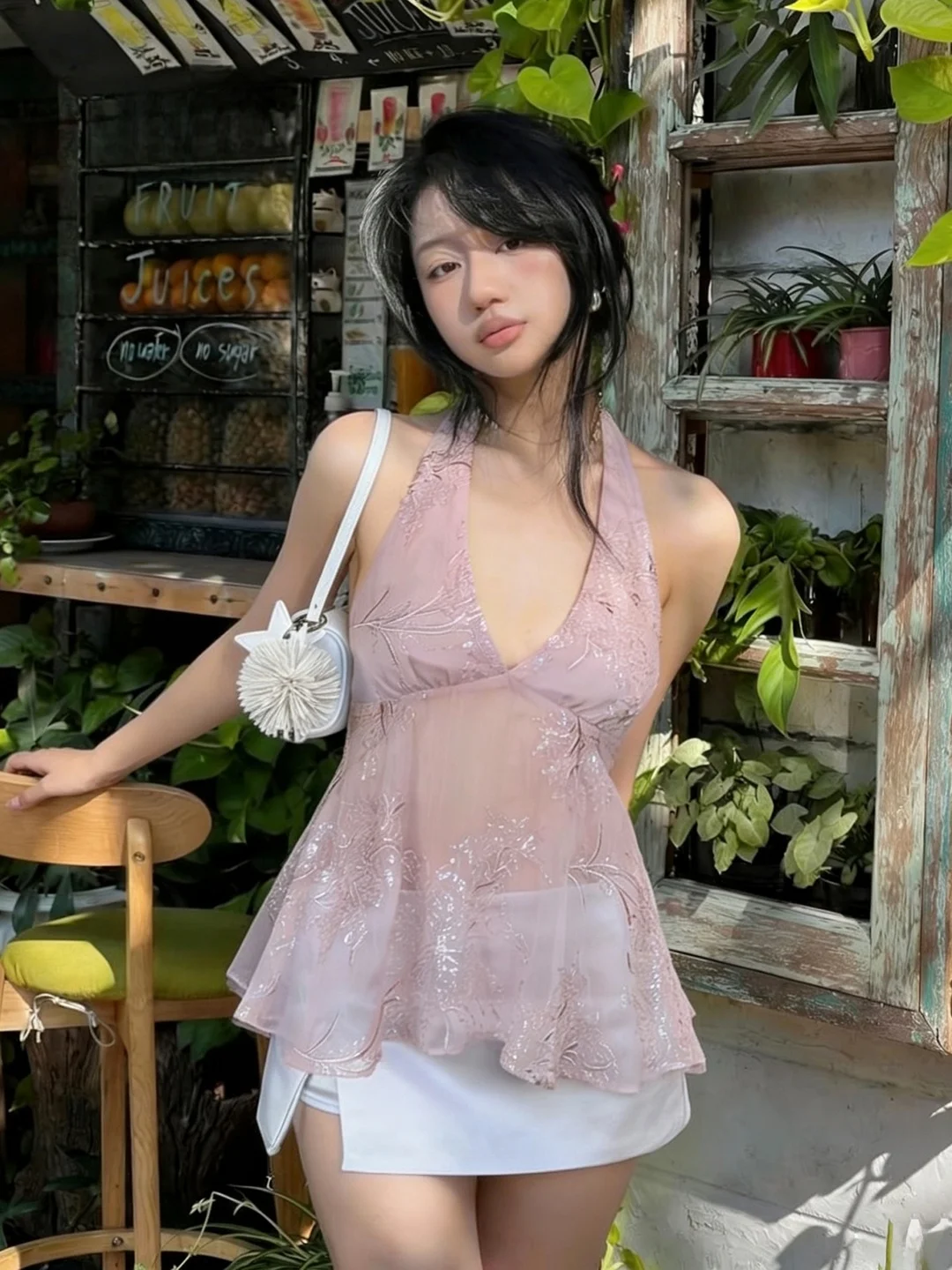

Sisjuly Rose Heavy Embroidery Sequin Shiny Lace See through Bell Sleeve Neck Hanging Strap Women's Vest Top Sexy Slim Fit Pol...