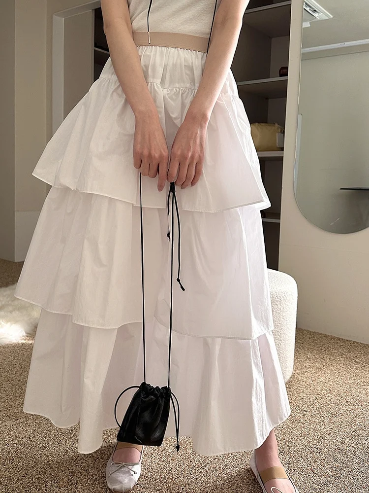 White Long Half-length Skirt Women's Fashionable Spring Outfit Chic Personality Versatile Elastic Waist Cake Skirt
