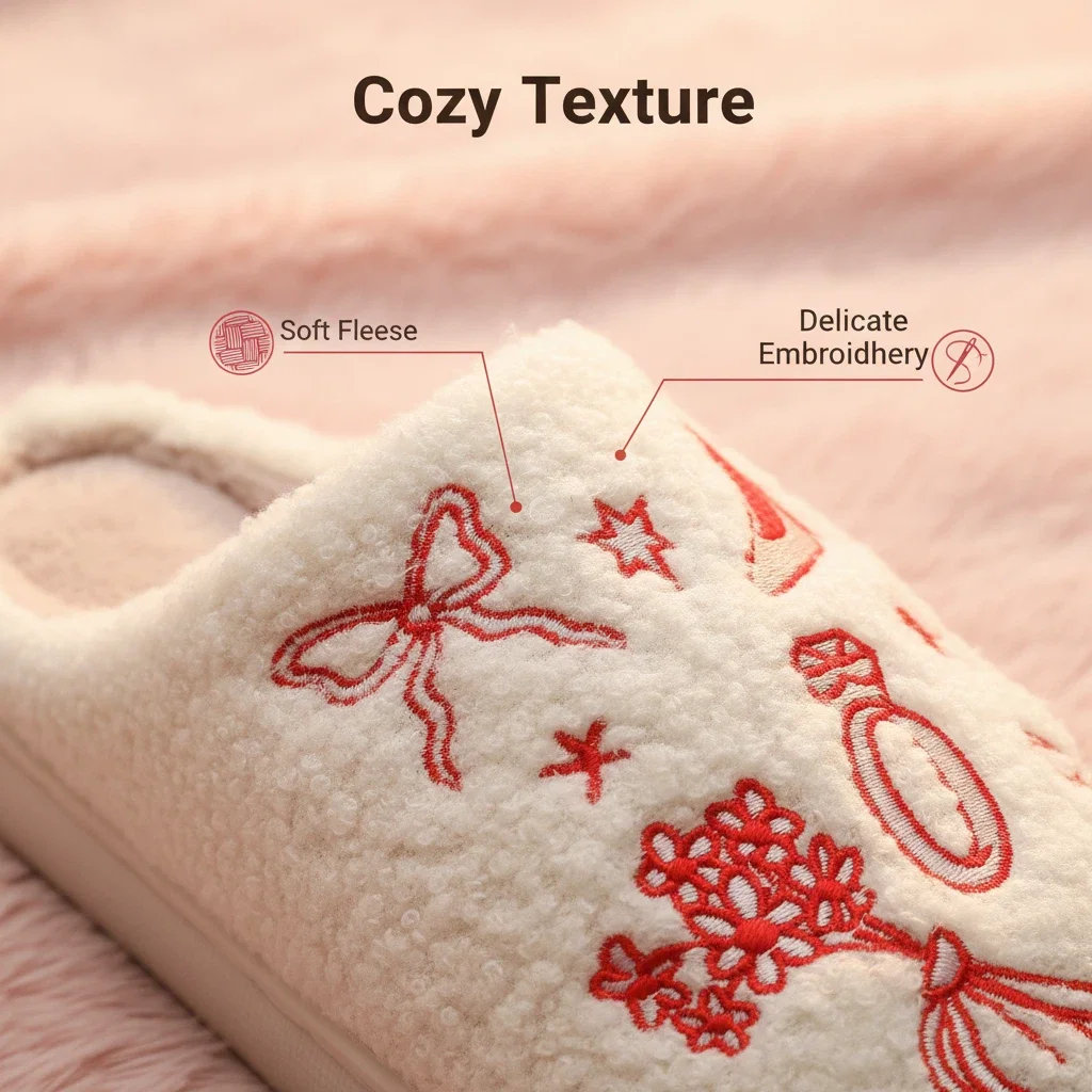 Ins-Style Girly Red-Toned Asymmetrical Embroidered Pattern Fur Slippers with Cake, Wine Glass, and Bow Elements, Romantic Wedding-Themed Embroidered Plush Slippers, Autumn and Winter Thickened Warm Non-Slip Soft-Soled Indoor Home Slippers, Bride and Bridesmaid Gift, Ambiance-Enhancing Indoor Home Slippers